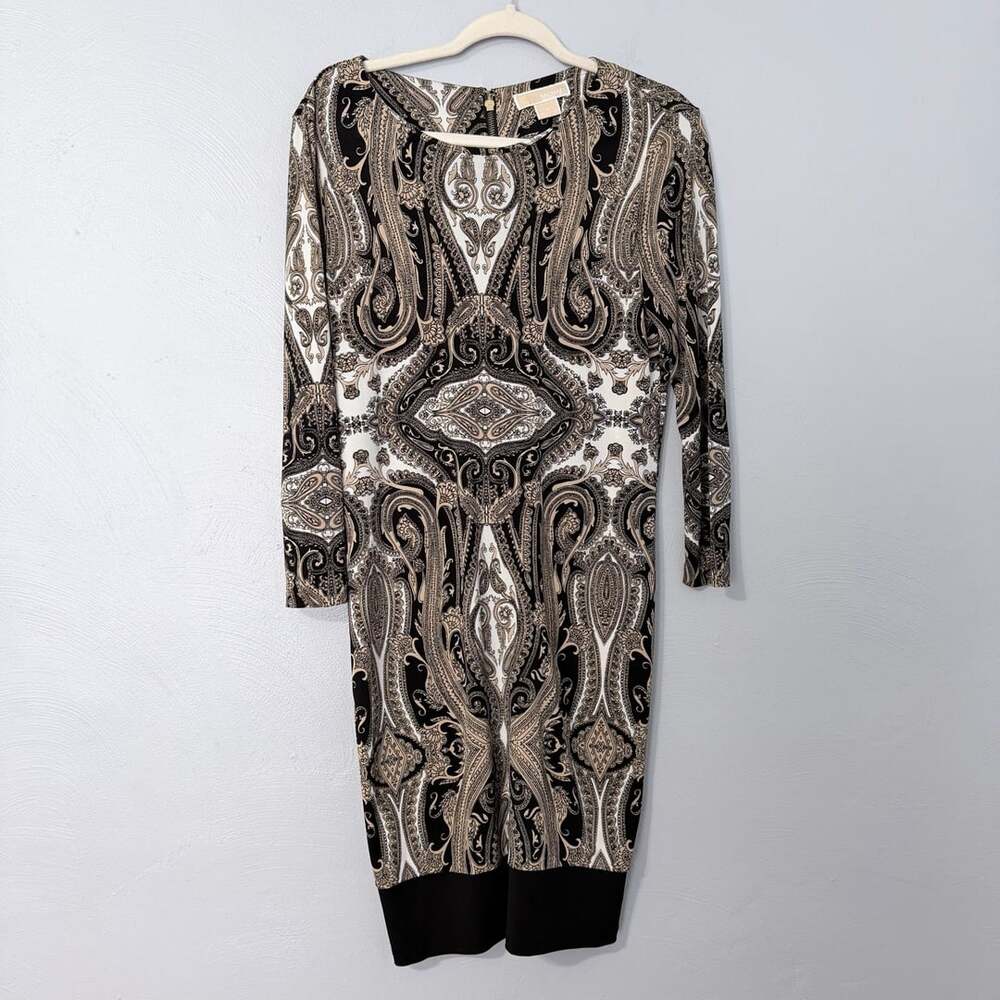 Michael Kors Black Cream Geometric Paisley Stretch Knit Dress 6